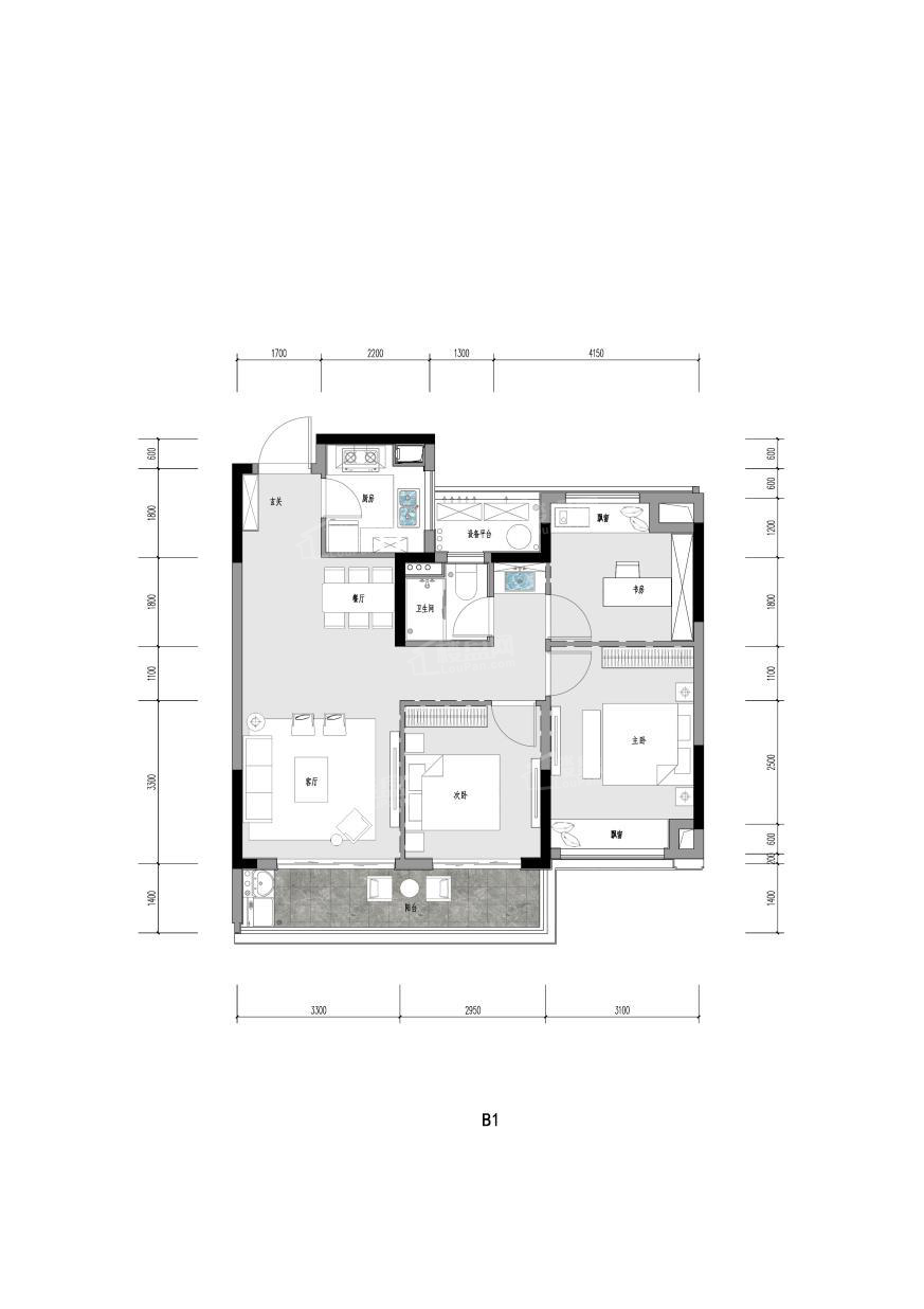 台州祥生·云境3室2厅1卫户型图-台州楼盘网