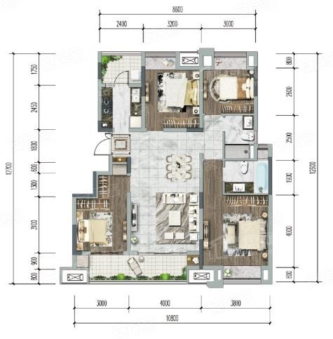C户型， 4室2厅2卫1厨， 建筑面积约118.65平米