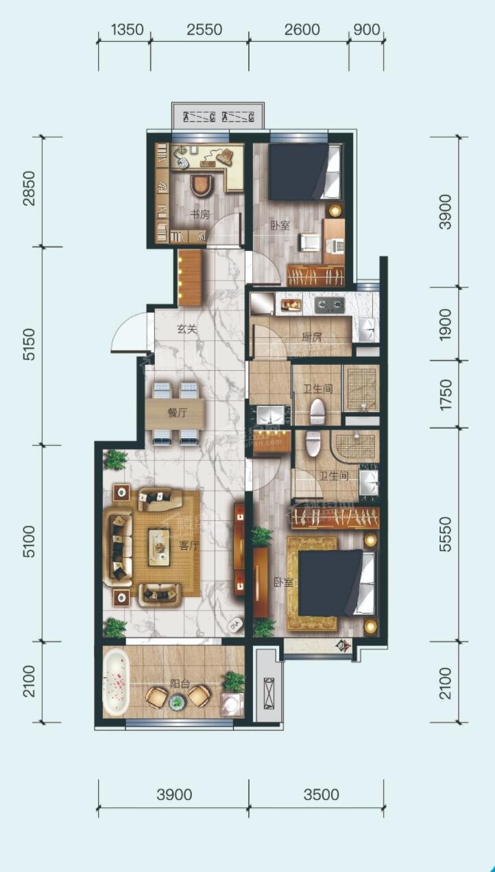 3室2厅2卫约107㎡