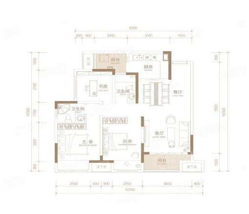 套内79㎡B3户型， 3室2厅2卫1厨， 建筑面积约93.00平米