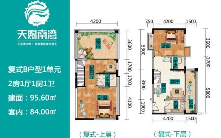 复式B户型 2房1厅1厨1卫 95.60㎡