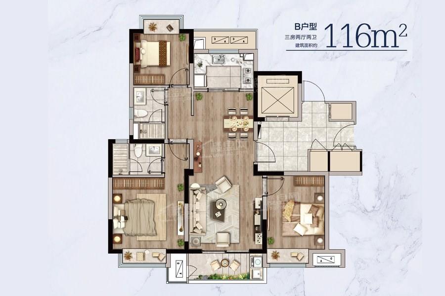 紫云府116平米户型 3室2厅2卫1厨