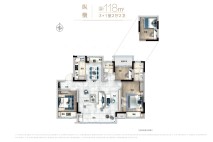 纵横118㎡户型 户型方正卧室朝南 居  室：3室2厅2卫1厨