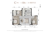 旭辉新城·学府尚品c户型 建约面积约为126㎡3+1室2厅2卫