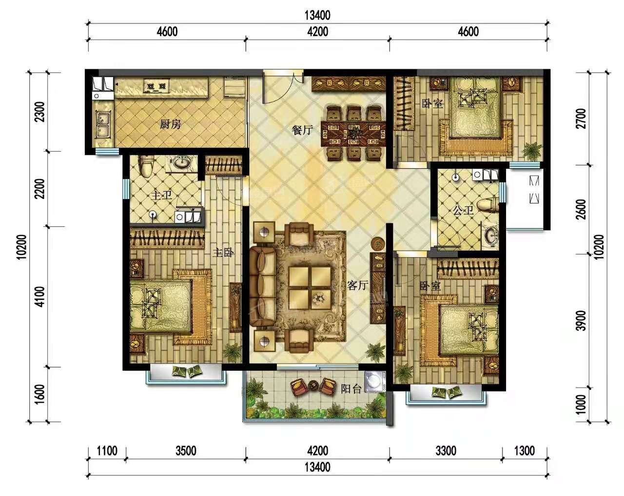 运城弘丰源天玺城3室2厅2卫户型图-运城楼盘网
