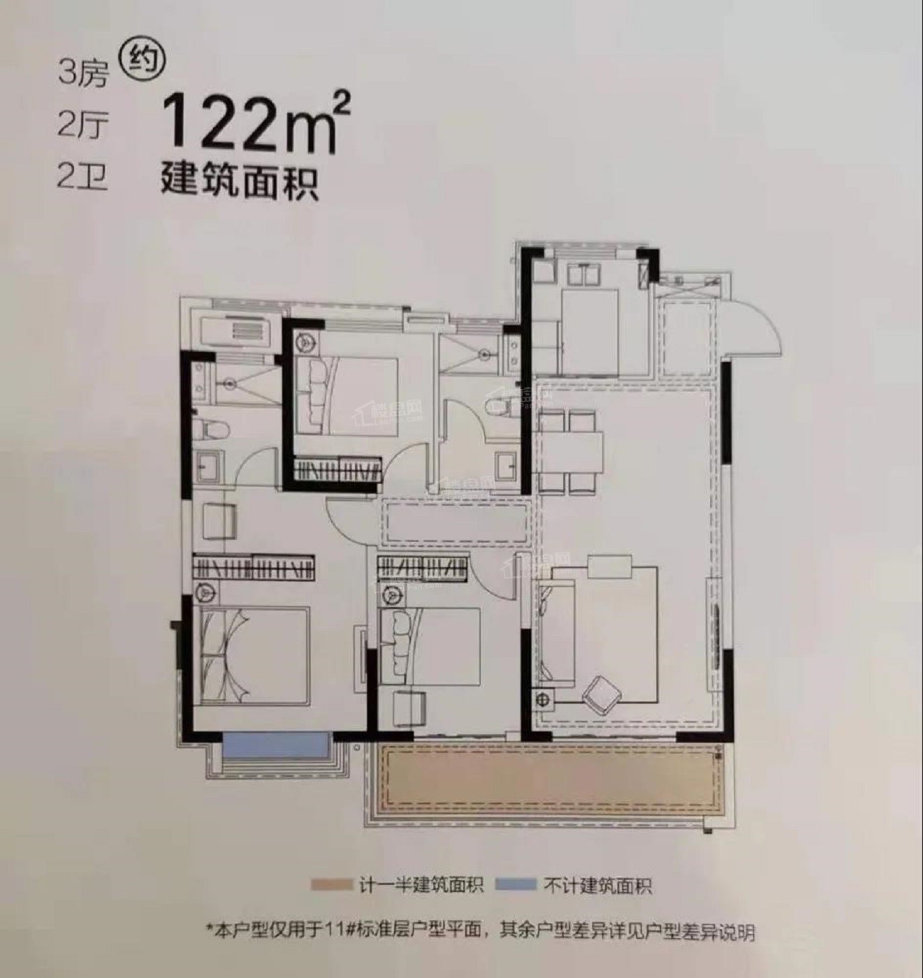 户型:3室2厅2卫面积 127(建面)