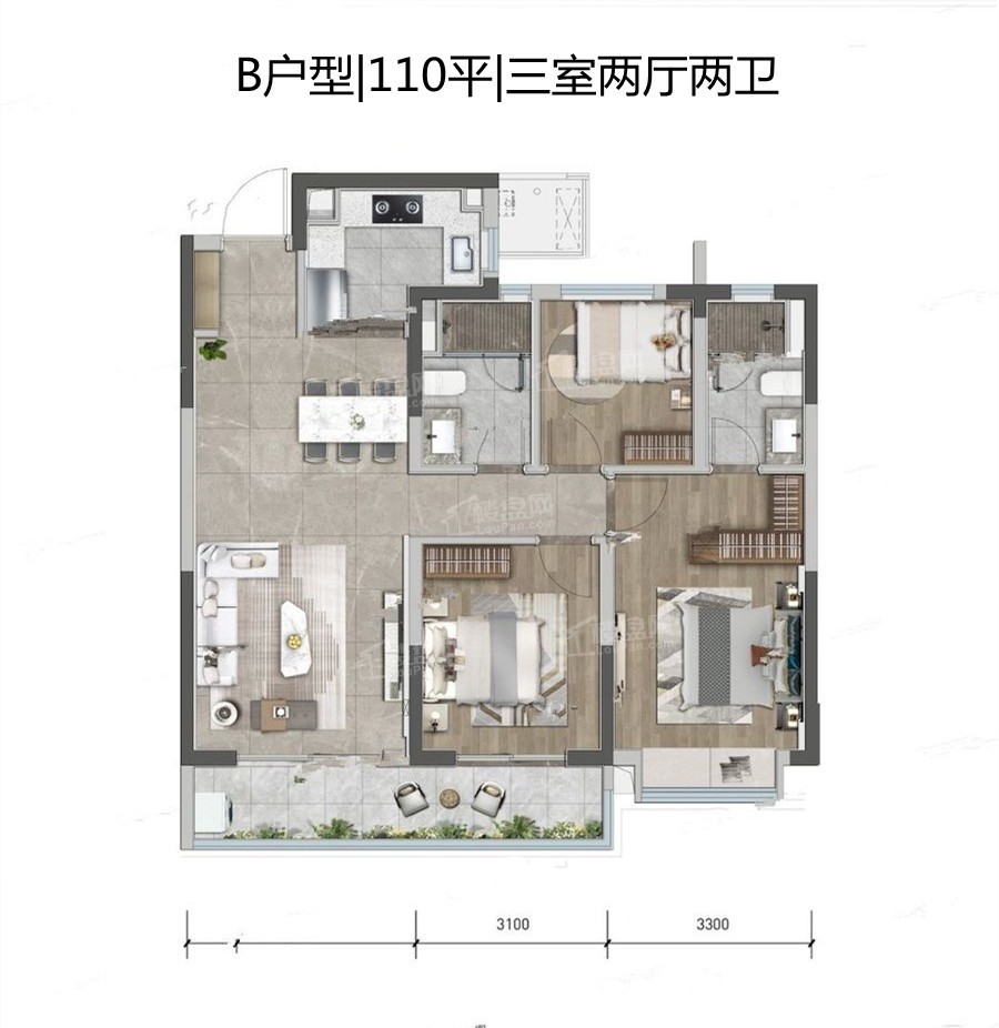 宁波龙湖·天玥3室2厅2卫户型图-宁波楼盘网