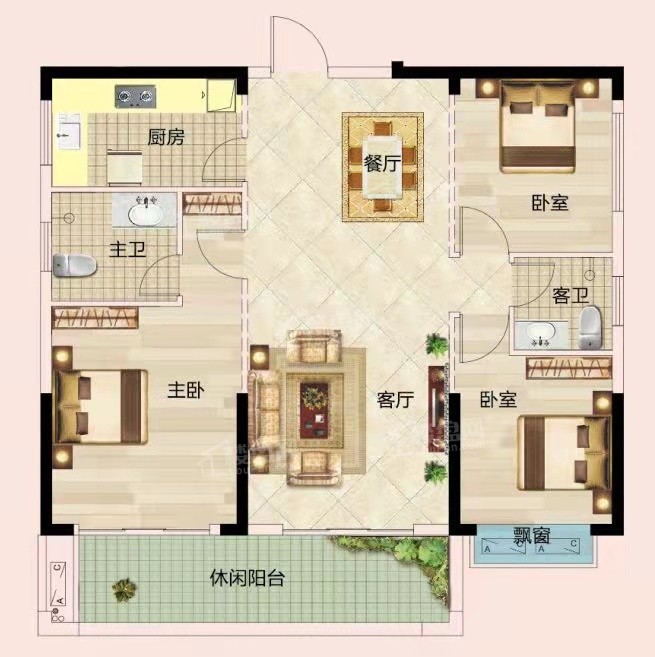 长沙丽发新城3室2厅2卫户型图-长沙楼盘网