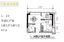 1 2#平层C户型 1房1厅1厨1卫 43㎡