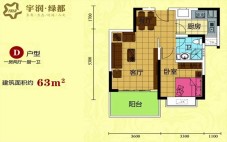 D户型图 1室2厅1卫1厨  建筑面积63㎡