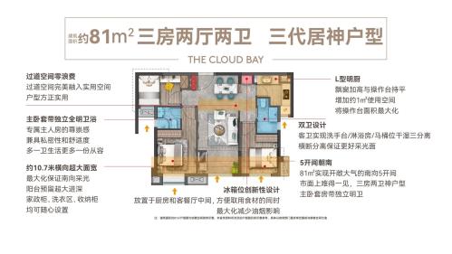 B户型约81㎡三房两厅两卫 