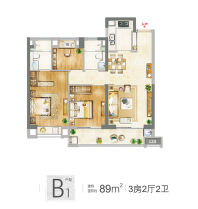 阳光城丽景湾89㎡户型 3室2厅1卫2厨