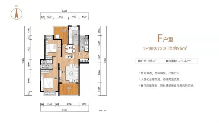 F户型 2+1室2厅2卫1厨 95㎡