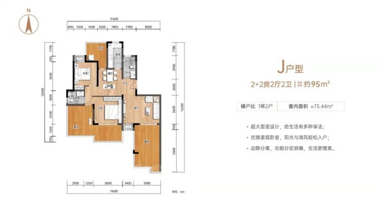 J户型 2+2室2厅2卫1厨 95㎡