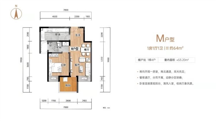 M户型 1室1厅1卫1厨 64㎡