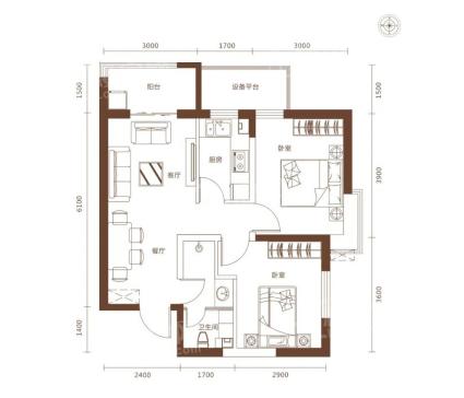 A户型71.62㎡两室两厅一卫