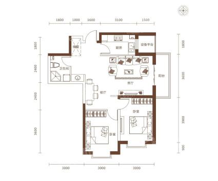 B户型87.30㎡两室两厅一卫