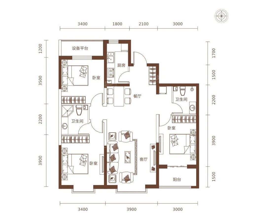c1户型 119.32㎡三室两厅两卫