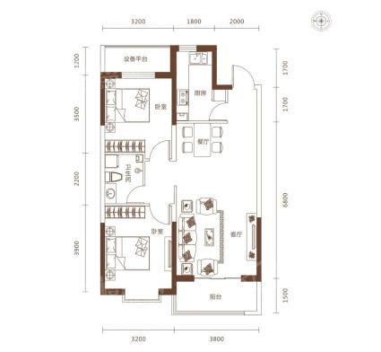 F户型92.33㎡两室两厅一卫