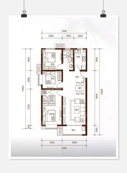 三室两厅两卫建面约118㎡户型