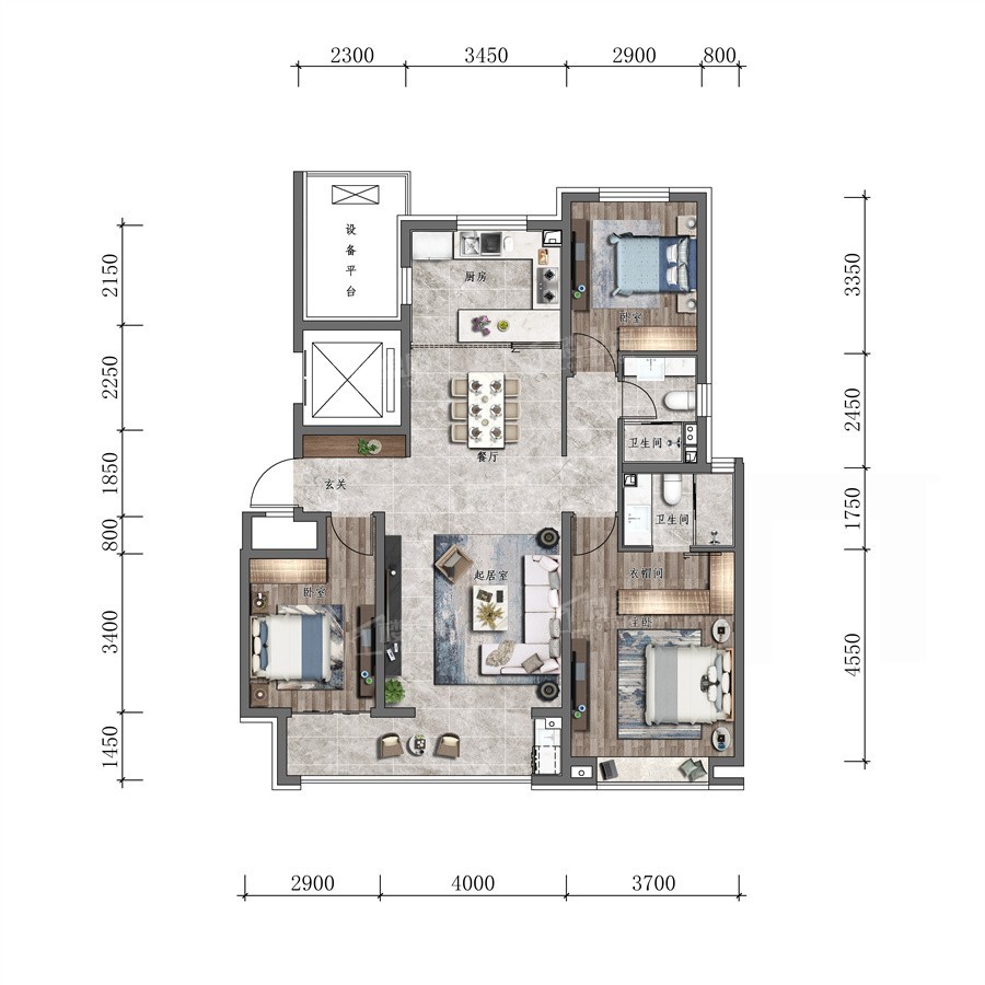 3室2厅2卫1厨建筑面积131㎡