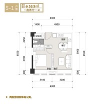 公寓S-1户型 一房两厅一卫 53.9㎡