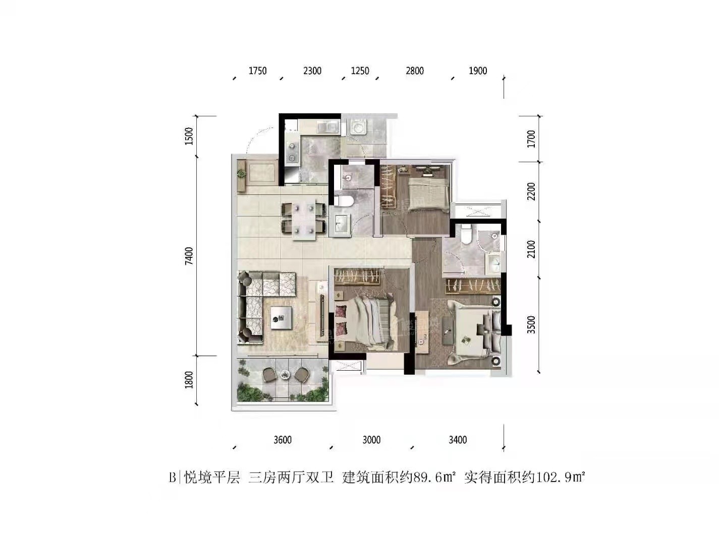 宜宾领地观江府3室2厅2卫户型图-宜宾楼盘网