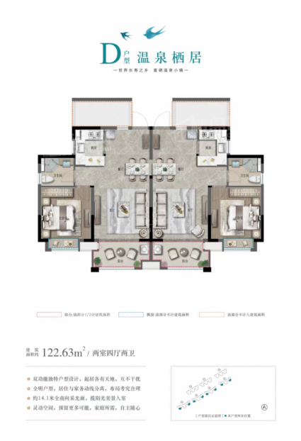 D户型 2房4厅2卫2厨 122.63㎡