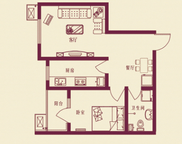 一室两厅一卫61.71平米3-B-1室2厅1卫
