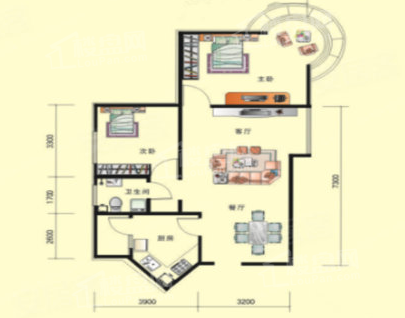 2室2厅1卫1厨， 建面90.20平米