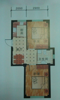 M户型两室一厅一卫61.32平