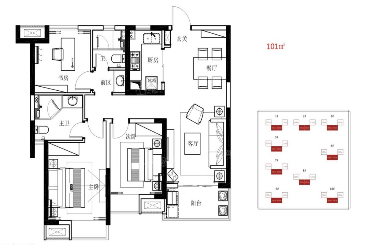 3室2厅2卫建筑面积101㎡