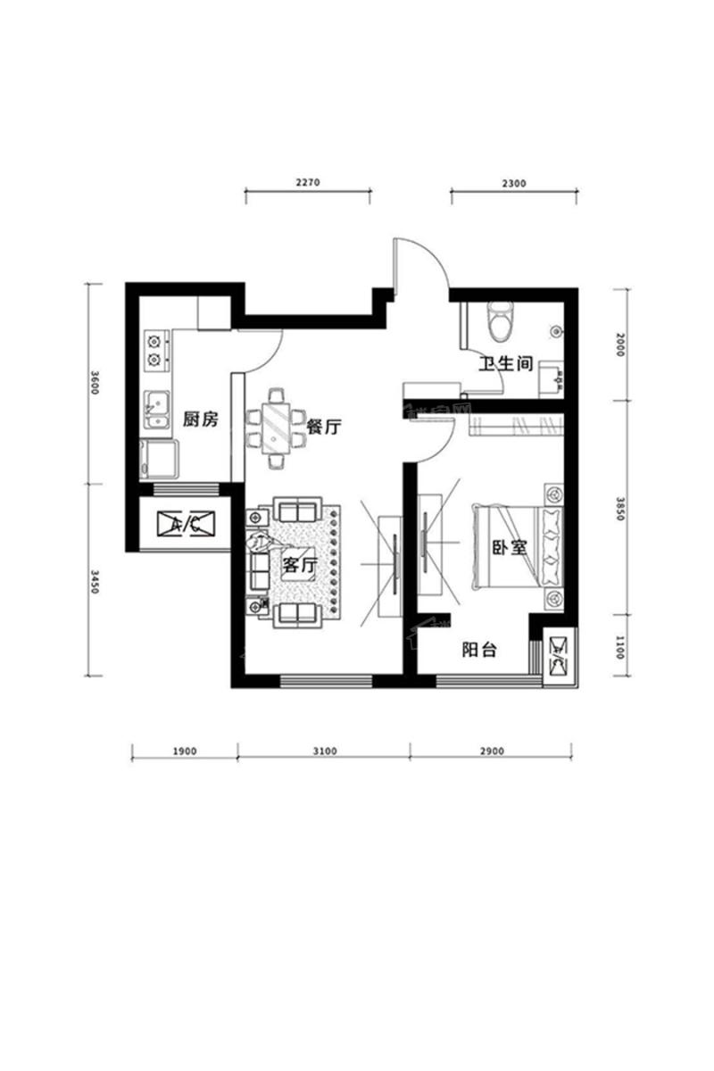 1室2厅1卫建筑面积60.79㎡