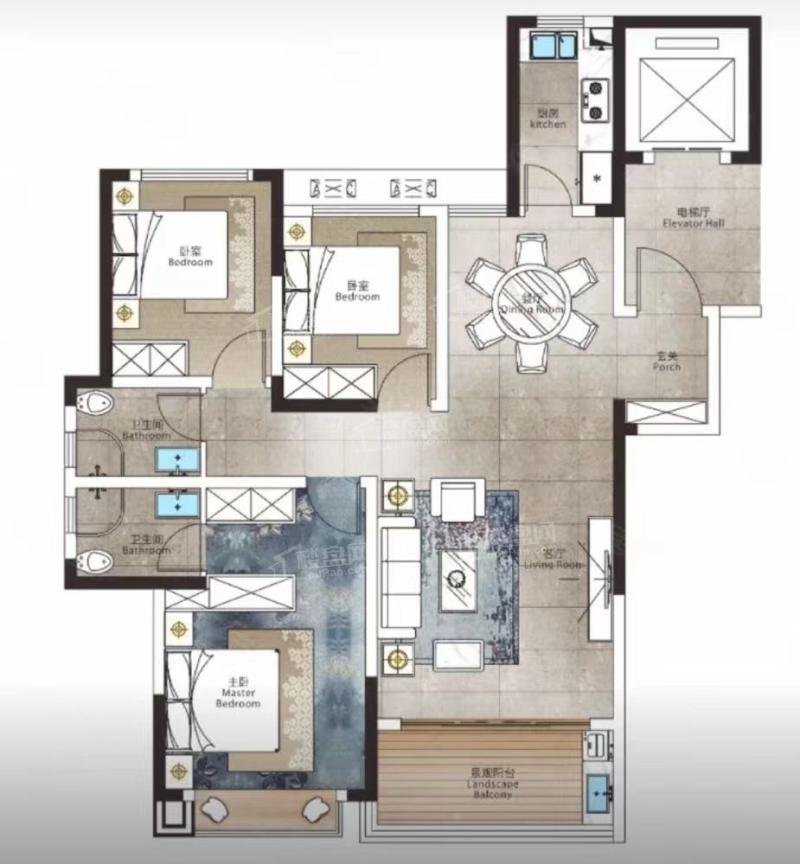 3室2厅2卫1厨， 建面116.00平米