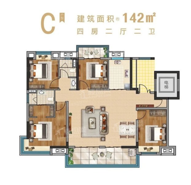 荆州城发新时代4室2厅2卫户型图-荆州楼盘网
