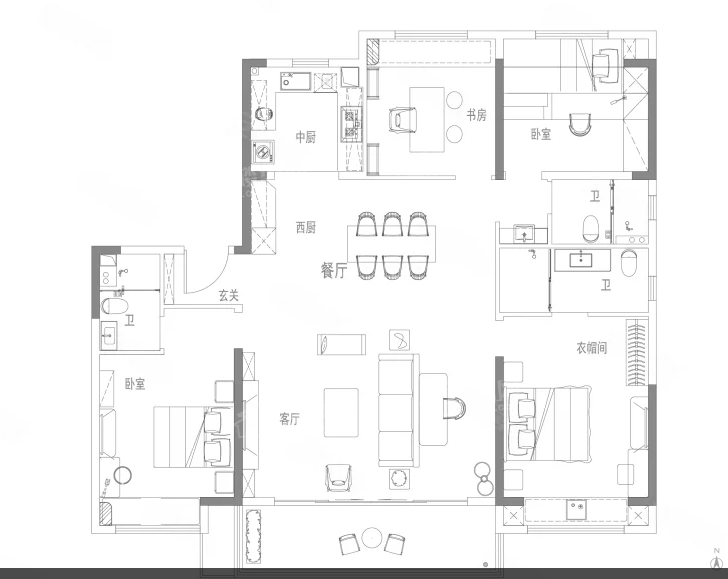 4室2厅3卫1厨， 建面180.00平米