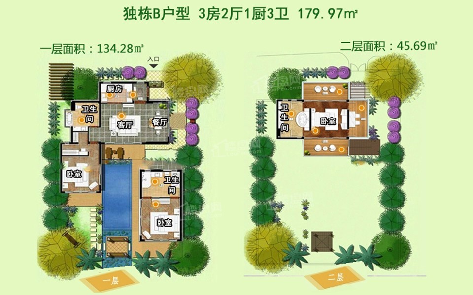 独栋别墅B户型 3房2厅3卫1厨  179.97㎡