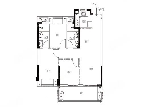 3室2厅2卫1厨， 建面88平米