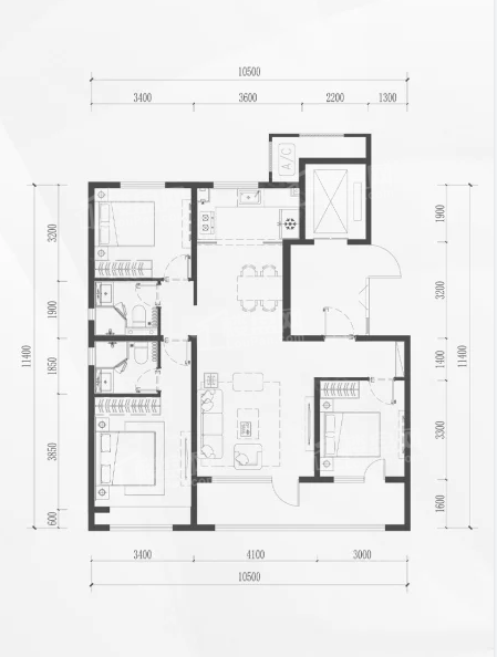 3室2厅2卫1厨， 建面127平米