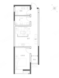 1室2厅1卫1厨， 建面63平米