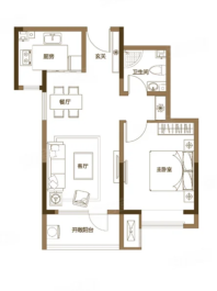 1室2厅1卫1厨， 建面68平米