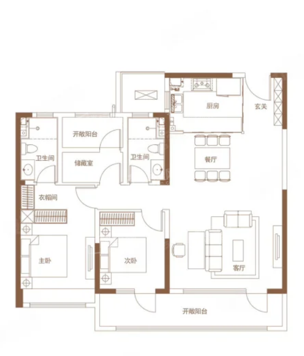 3室2厅2卫1厨， 建面130平米