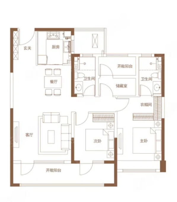 3室2厅2卫1厨， 建面119平米