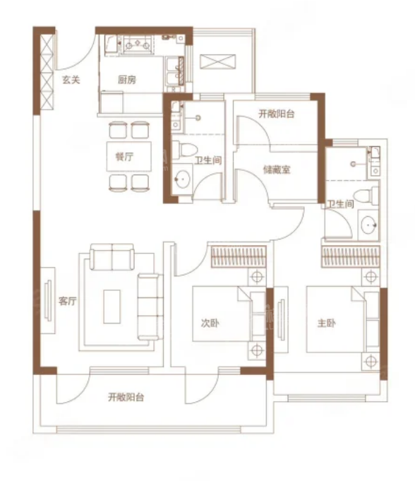 3室2厅2卫1厨， 建面105平米