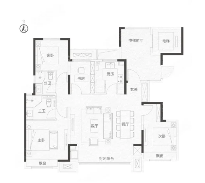 4室2厅2卫1厨， 建面143平米