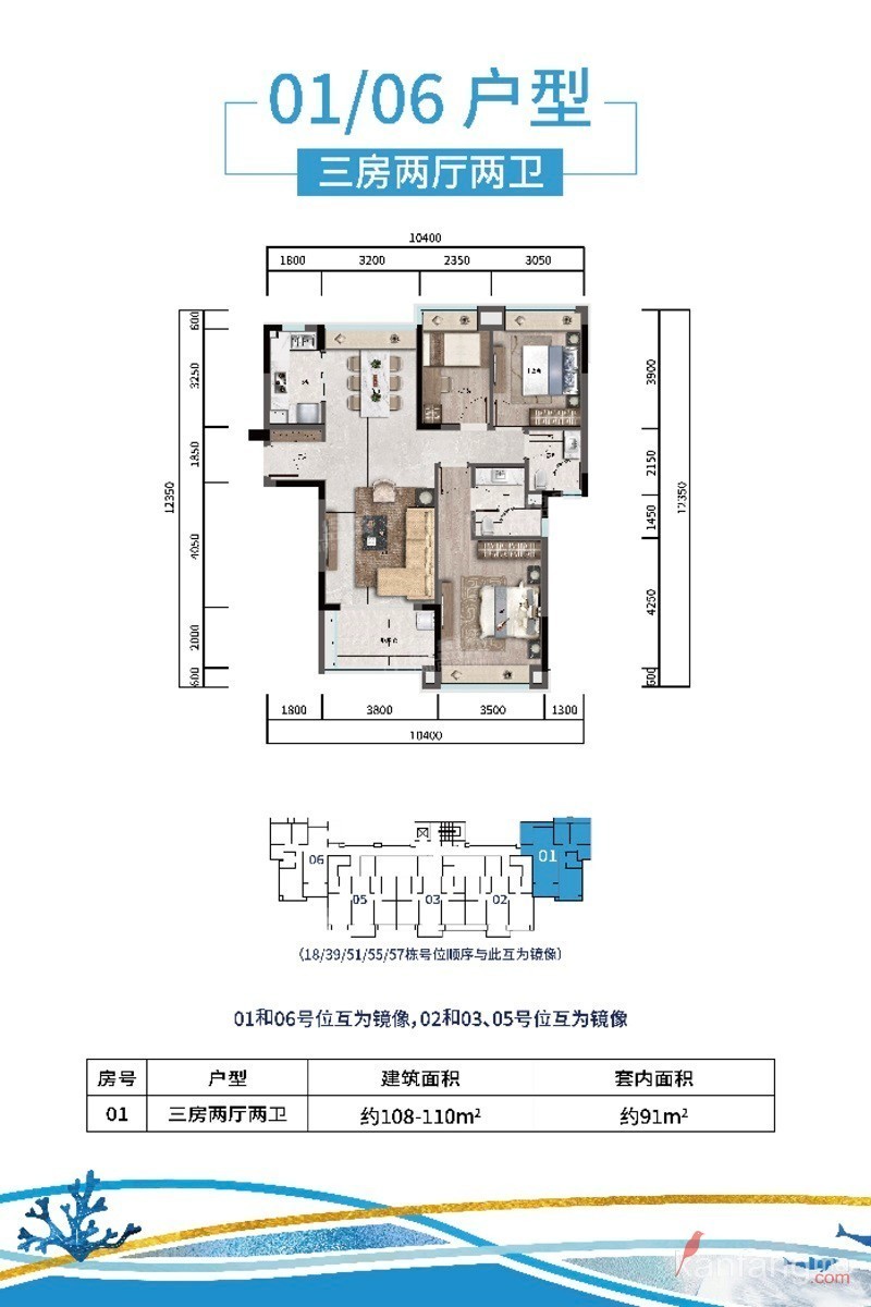 T5F 01 06 户型 三房两厅两卫 108-110㎡
