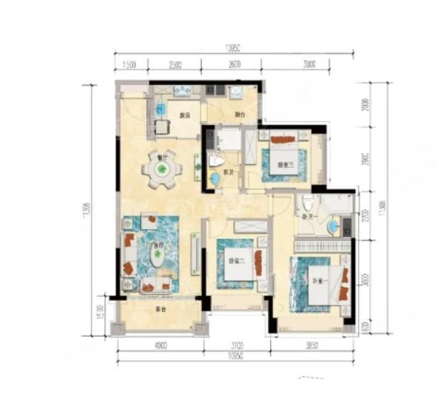 3室2厅2卫1厨， 建面132平米