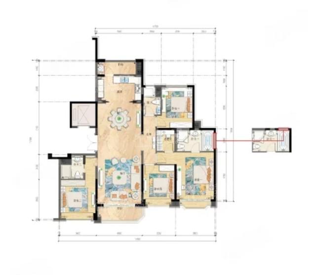 4室2厅3卫1厨， 建面216平米