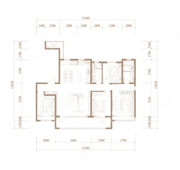 4室2厅2卫1厨， 建面167平米