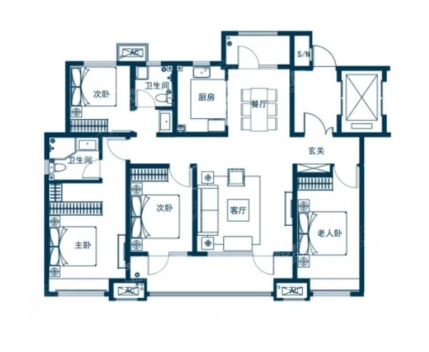 4室2厅2卫1厨， 建面152平米
